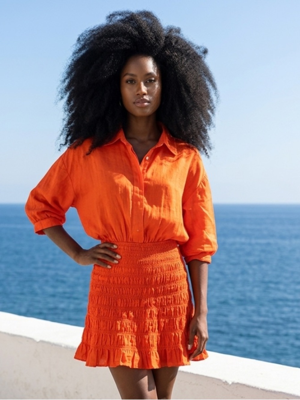 FRAME Smocked Shirt Dress Orange Ramie Puff Sleeve Mini Lightweight Summer